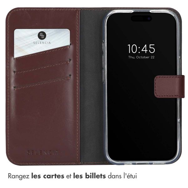 Selencia Étui portefeuille en cuir véritable Apple iPhone 16 - Marron