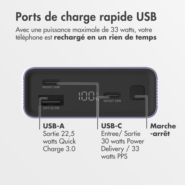 imoshion Ultra Series Aluminium | Batterie externe 20.000 mAh - Charge rapide jusqu'à 33 watts - Violet Tropical