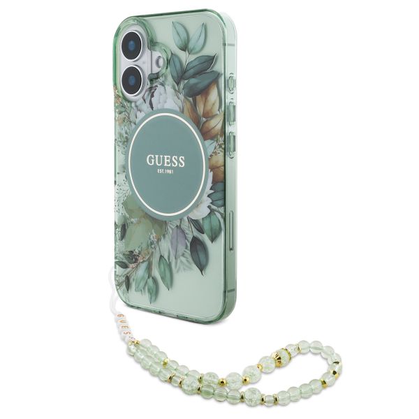 Guess MagSafe IML Flowers Case avec beads strap Apple iPhone 16 - Green