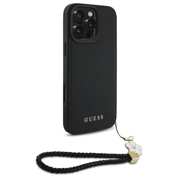 Guess Coque Grained MagSafe avec Flower Charm Strap Apple iPhone 16 Pro Max - Noir