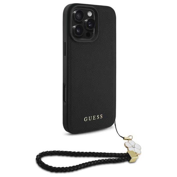 Guess Coque Grained MagSafe avec Flower Charm Strap iPhone 16 Pro Max - Noir