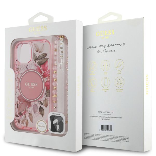 Guess MagSafe IML Flowers Case avec beads strap iPhone 15 - Pink