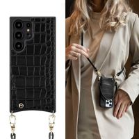 Selencia Coque de télephone Nova Croco avec cordon et porte-cartes Samsung Galaxy S24 Ultra - Noir