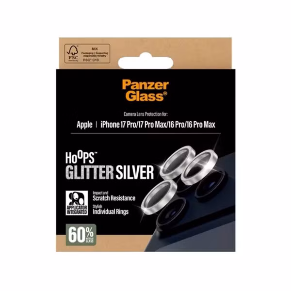 PanzerGlass Protection Caméra Hoops Optic Rings Apple iPhone 17 Pro / 17 Pro Max - Argent Pailleté