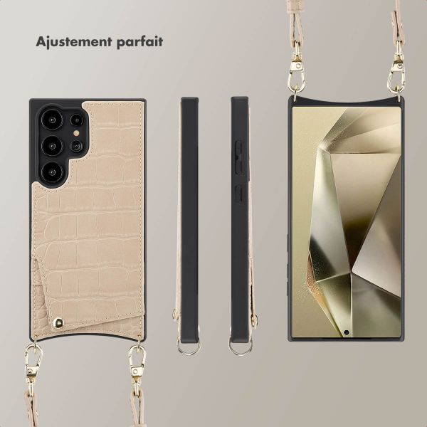 Selencia Coque de télephone Nova Croco avec cordon et porte-cartes Samsung Galaxy S24 Ultra - Beige