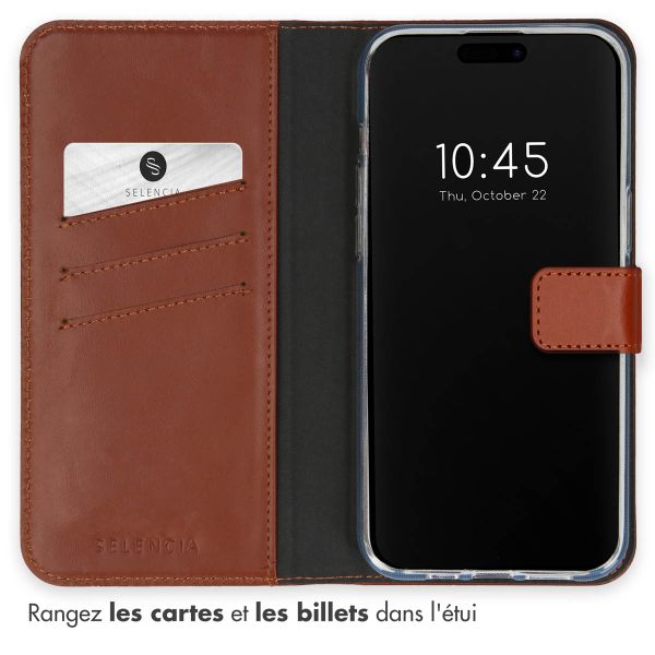 Selencia Étui de téléphone portefeuille en cuir véritable iPhone 15 Pro Max - Brun clair