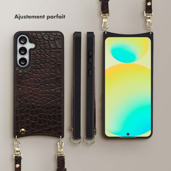 Selencia Coque de télephone Nova Croco avec cordon et porte-cartes Samsung Galaxy S25 FE - Choco Brown