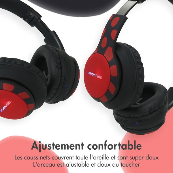 imoshion Casque sans fil pour enfants Dino LED Light - Limiteur de décibels - Avec câble AUX - Black / Red