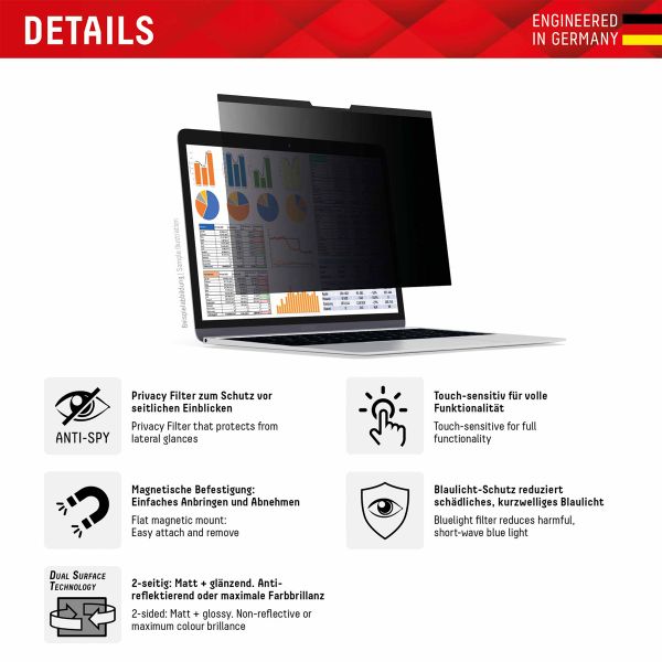 Displex Protection d'écran magnetique Privacy Safe MacBook Air 13 pouces (2022 / 2024 M3 chip / 2025 M4 chip) - A2681 / A3113 / A3240