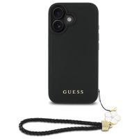 Guess Coque Grained MagSafe avec Flower Charm Strap iPhone 16 - Noir