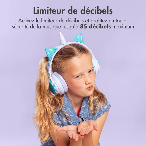 imoshion Kids Unicorn LED Light Bluetooth Casque - Casque pour enfants avec limiteur de décibels - Casque sans fil + câble AUX - Lavender Lilac / Soft Blue