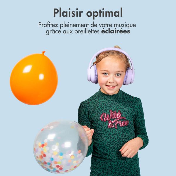 imoshion Casque sans fil pour enfants LED Light - Limiteur de décibels - Avec câble AUX - Lavender Lilac