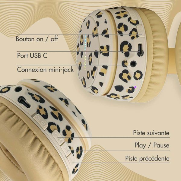 imoshion Édition Spéciale - Casque sans fil pour enfants avec imprimé léopard LED Light Cat Ear - Limiteur de décibels - Avec câble AUX - Léopard