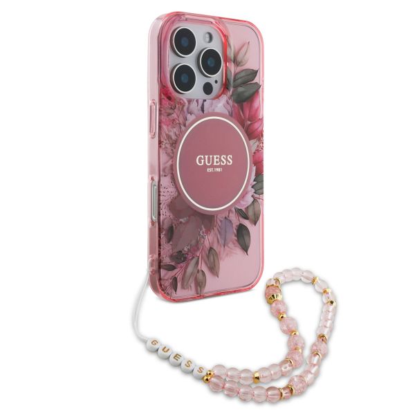 Guess MagSafe IML Flowers Case avec beads strap iPhone 16 Pro Max - Pink