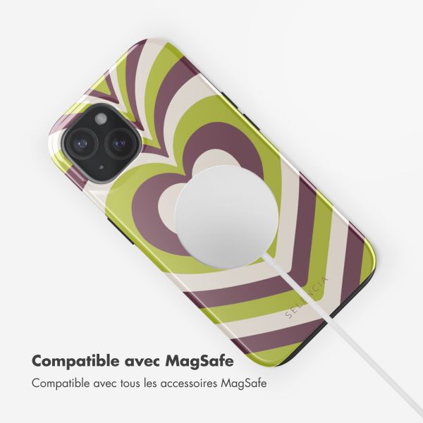 Selencia Coque arrière Vivid Tough avec MagSafe iPhone 15 - Double Hearts Plum Fern