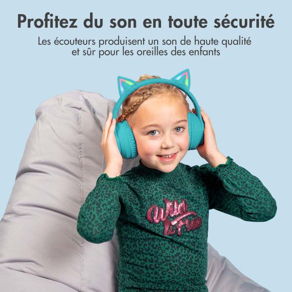 imoshion Casque sans fil pour enfants LED Light Cat Ear - Limiteur de décibels - Avec câble AUX - Bleu clair