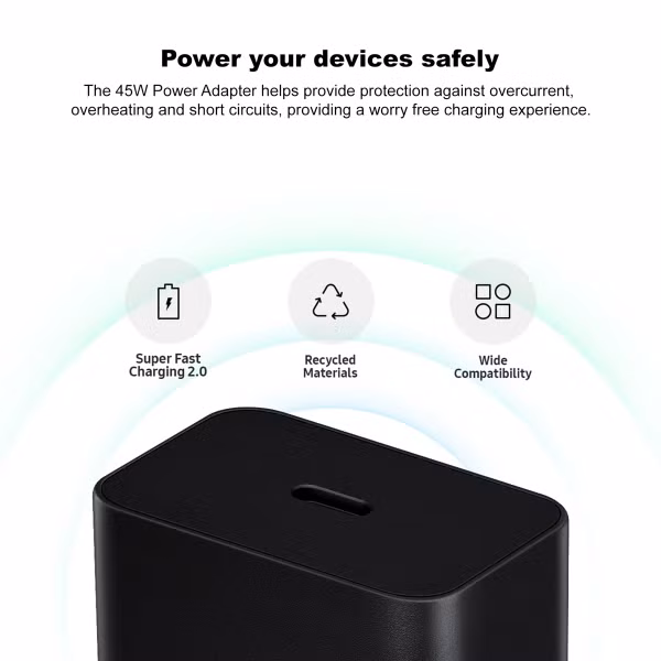 Samsung Adaptateur secteur original avec câble USB-C - Chargeur - Connexion USB-C et USB - Charge rapide - 45 Watt - 1,8 mètres - Noir