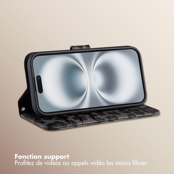 Selencia Étui de télephone portefeuille imprimé léopard Sabi Apple iPhone 16 - Midnight Black