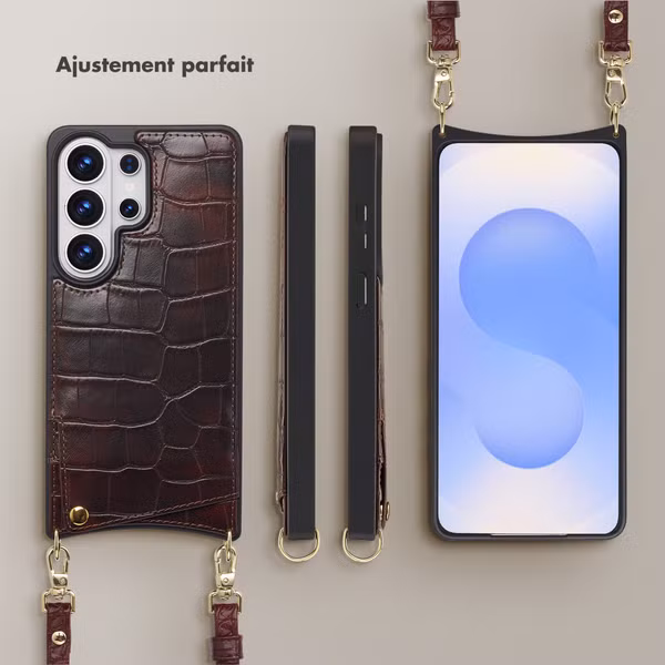 Selencia Coque de télephone Nova Croco avec cordon et porte-cartes Samsung Galaxy S26 Ultra - Choco Brown