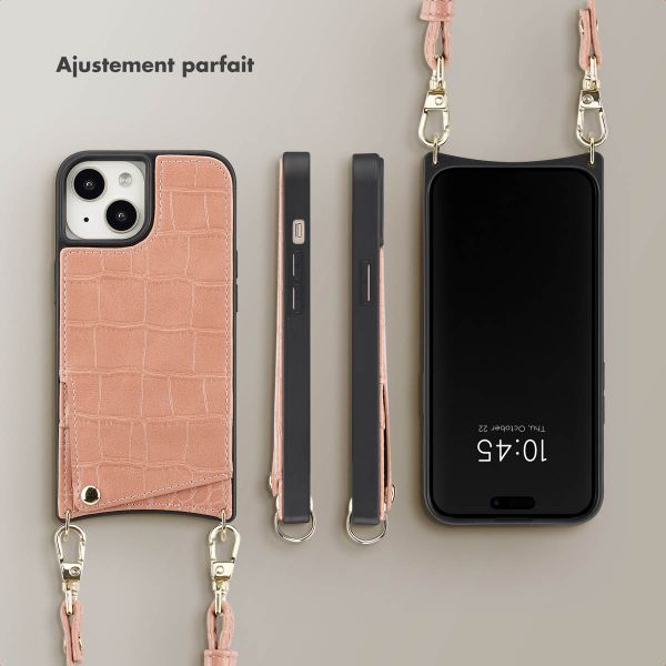 Selencia Coque Croco avec cordon et porte-cartes Nova iPhone 15 - Old Pink