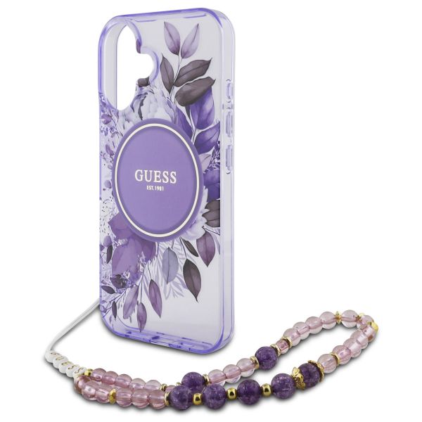 Guess MagSafe IML Flowers Case avec beads strap Apple iPhone 16 - Purple