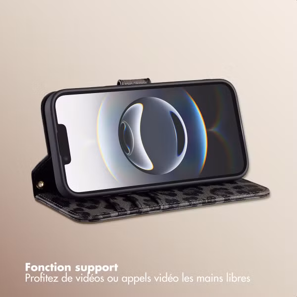 Selencia Étui de télephone portefeuille imprimé léopard Sabi Apple iPhone 16e - Midnight Black