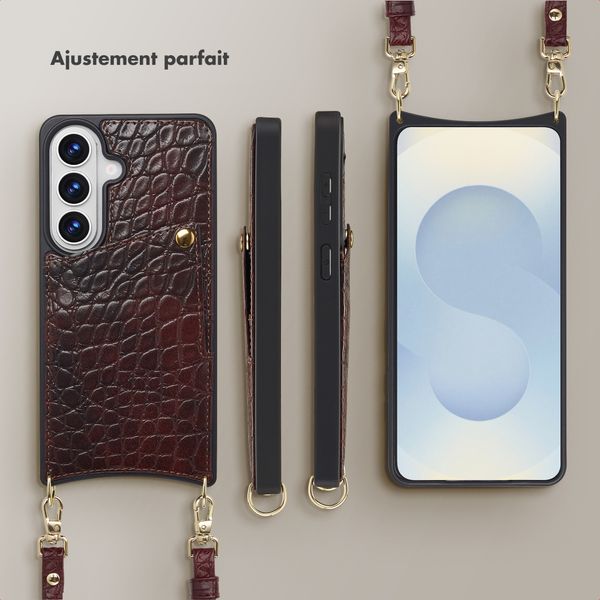 Selencia Coque de télephone Nova Croco avec cordon et porte-cartes Samsung Galaxy S26 - Choco Brown