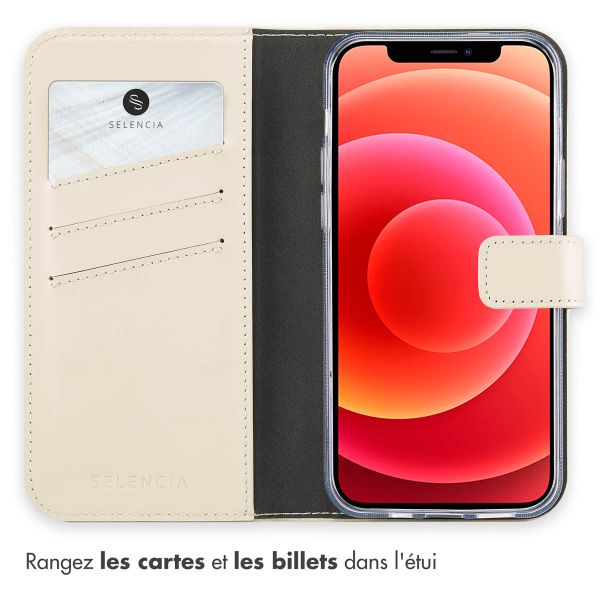 Selencia Étui de téléphone portefeuille en cuir véritable iPhone 12 (Pro) - Greige