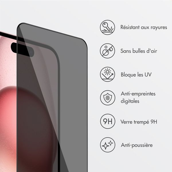 Accezz Protection d’écran en verre trempé avec filtre de confidentialité + Applicateur Apple iPhone 16 / 15