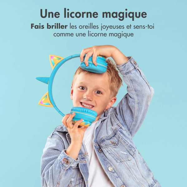 imoshion Casque sans fil pour enfants Unicorn LED Light - Limiteur de décibels - Avec câble AUX - Soft Blue / Yellow