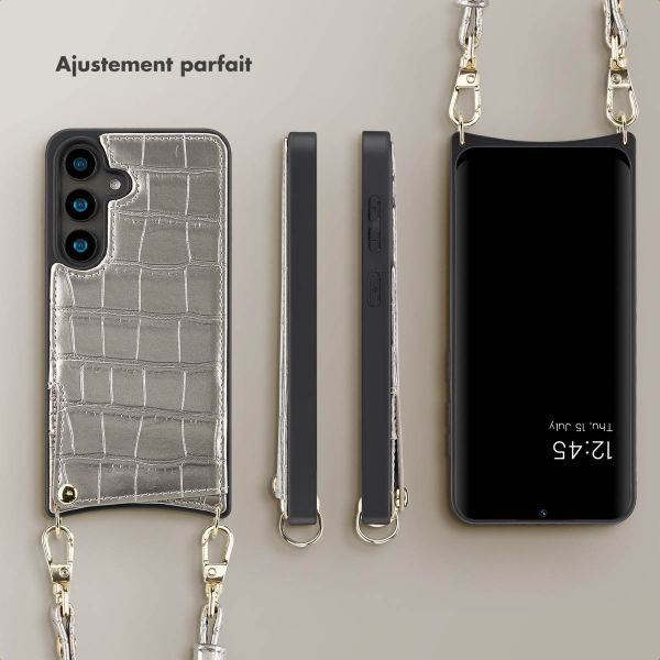 Selencia Coque Croco avec cordon et porte-cartes Nova Samsung Galaxy S24 - Silver