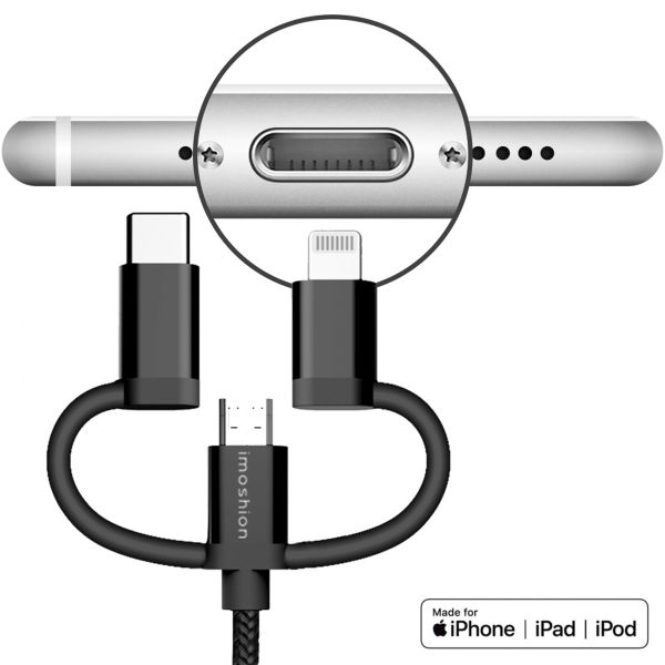 imoshion Câble 3-en-1 - Câble Lightning, USB-C et Micro-USB - Tissu tressé - 1,5 mètres - Noir