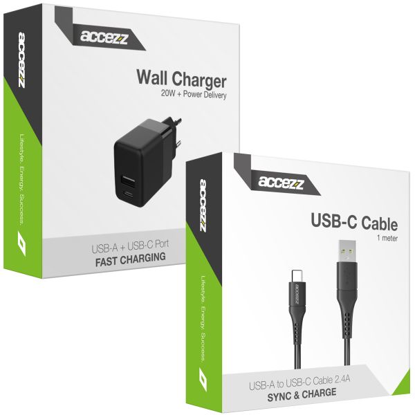 Accezz Chargeur Mural avec câble USB-C vers USB - Chargeur - 20 Watt - 1 mètre - Noir