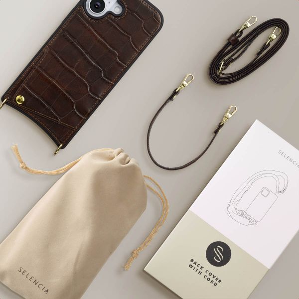 Selencia Coque de télephone Nova Croco avec cordon et porte-cartes Apple iPhone 17 - Choco Brown
