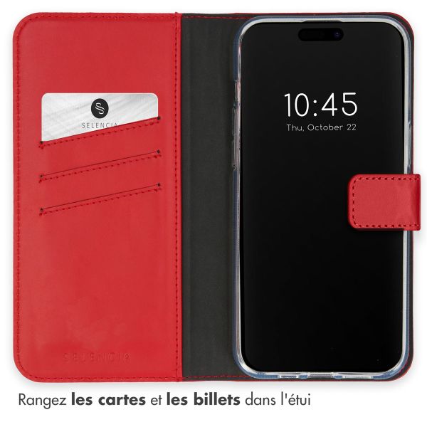 Selencia Étui de téléphone portefeuille en cuir véritable iPhone 15 Pro Max - Rouge