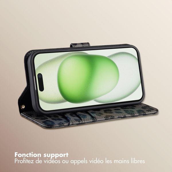 Selencia Étui de télephone portefeuille imprimé léopard Sabi Apple iPhone 15 - Midnight Black