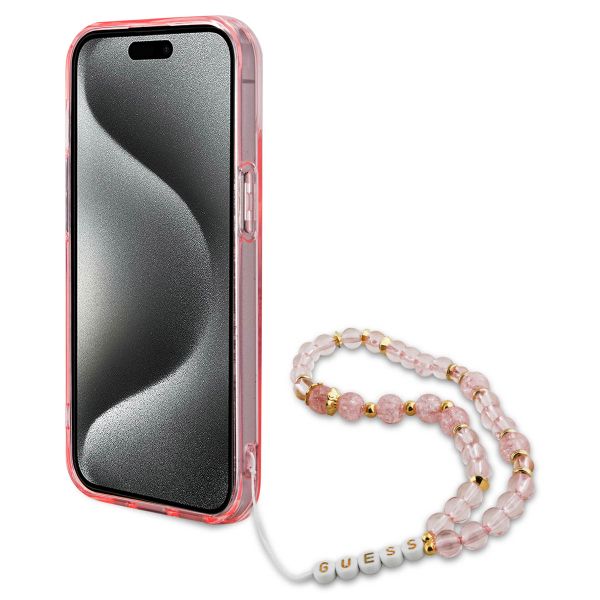 Guess MagSafe IML Flowers Case avec beads strap iPhone 15 - Pink