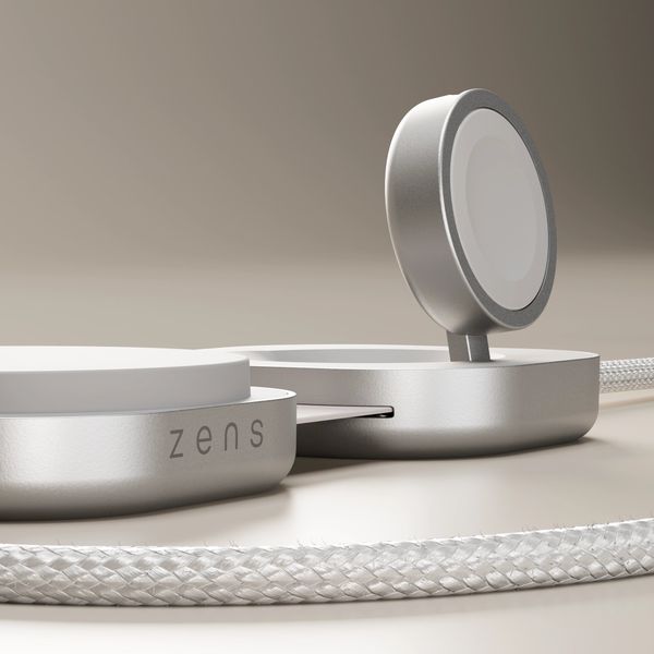 Zens Câble USB-C Pro 3 avec chargeur sans fil pour téléphone / earbuds / Apple Watch - MagSafe et Qi2 - Blanc