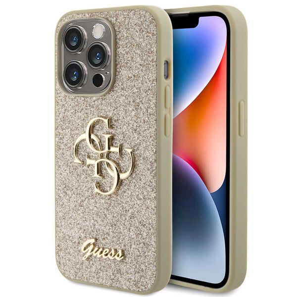 Guess Coque 4G Metal Logo Glitter iPhone 15 Pro - Dorée