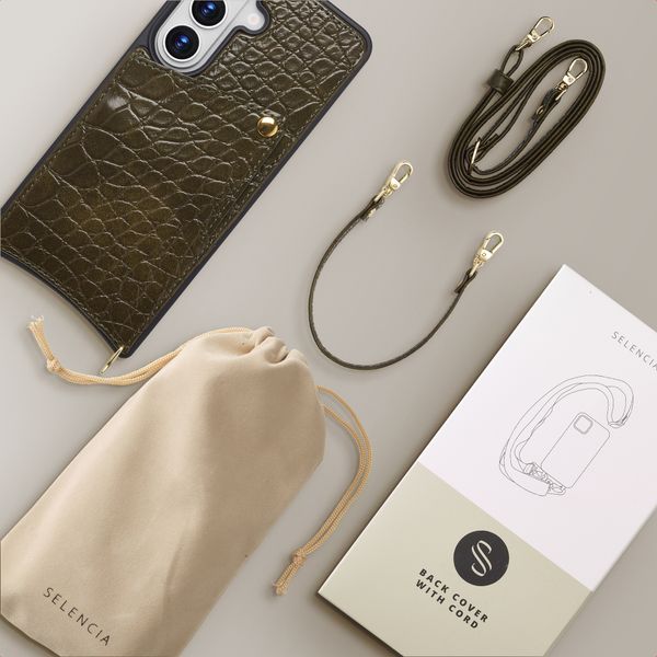 Selencia Coque de télephone Nova Croco avec cordon et porte-cartes Samsung Galaxy S26 - Dark Olive