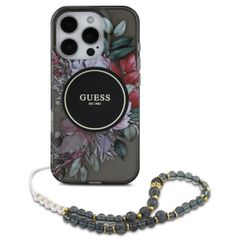 Guess MagSafe IML Flowers Case avec beads strap Apple iPhone 16 Pro - Noir