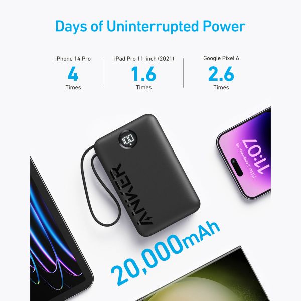 Anker Anker 335 PowerCore Powerbank 20.000 mAh avec câble USB-C intégré - Noir 