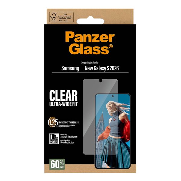 PanzerGlass Protection d'écran Ultra-Wide Fit Anti-bactérienne avec applicateur Samsung Galaxy S26
