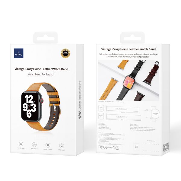 WiWu Bracelet vintage en cuir Apple Watch Series 1 t/m 11 / SE / Ultra (44/45/46/49 mm) - Lichtbruin