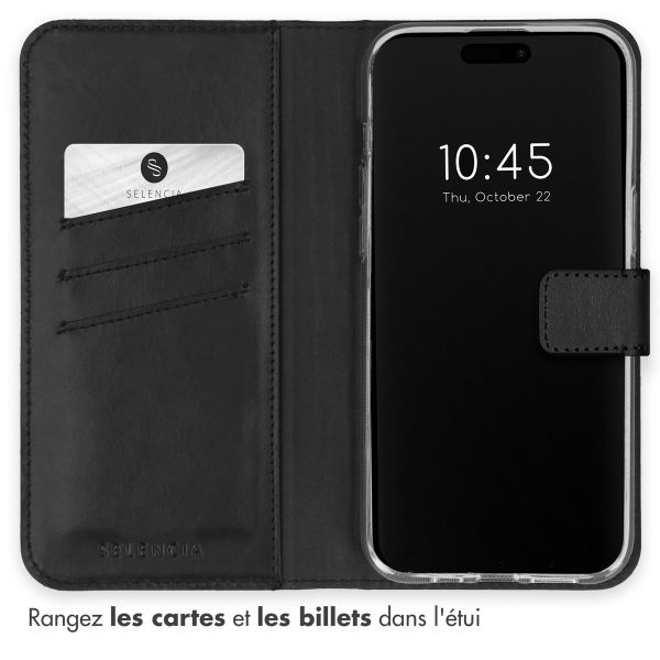 Selencia Étui de téléphone portefeuille en cuir véritable iPhone 15 Pro Max - Noir