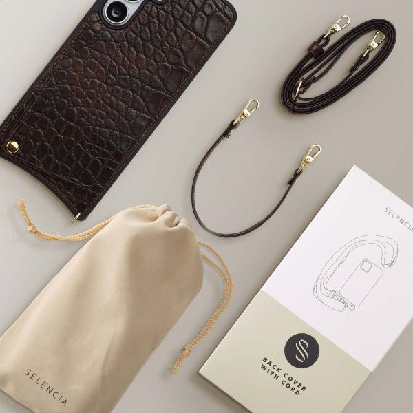 Selencia Coque de télephone Nova Croco avec cordon et porte-cartes Samsung Galaxy S25 FE - Choco Brown