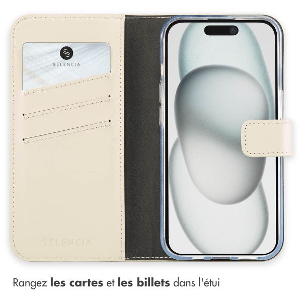 Selencia Étui portefeuille en cuir véritable Apple iPhone 15 - Greige