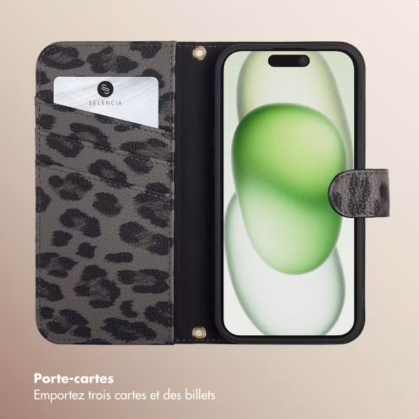 Selencia Étui de télephone portefeuille imprimé léopard Sabi Apple iPhone 15 - Midnight Black
