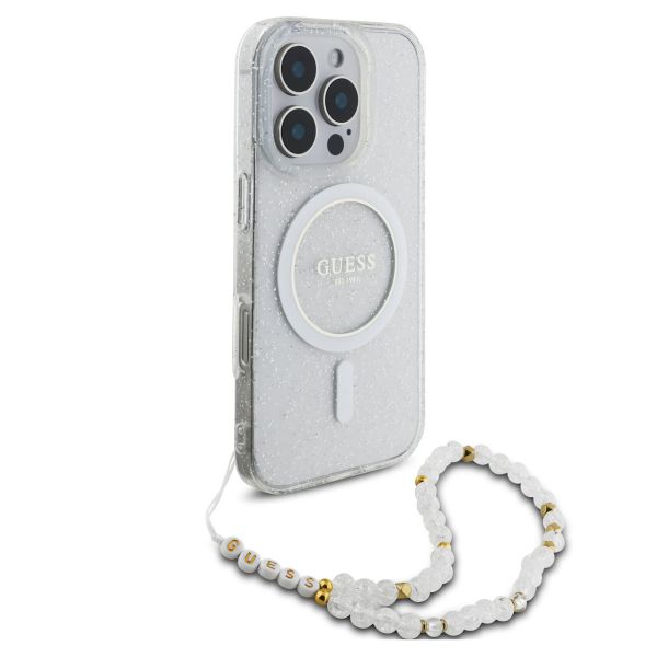 Guess MagSafe IML Glitter Case avec beads strap Apple iPhone 16 Pro Max - Transparent