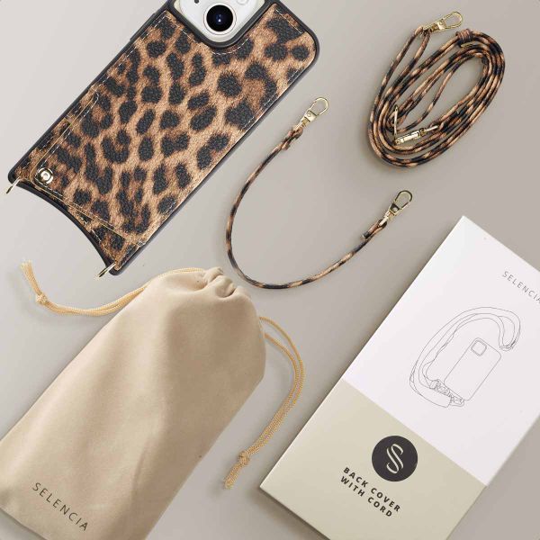 Selencia Coque arrière avec cordon et porte-cartes Nova iPhone 15 - Leopard